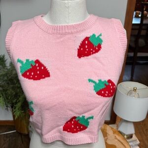 Pink Knit Sweater Vest with Strawberries